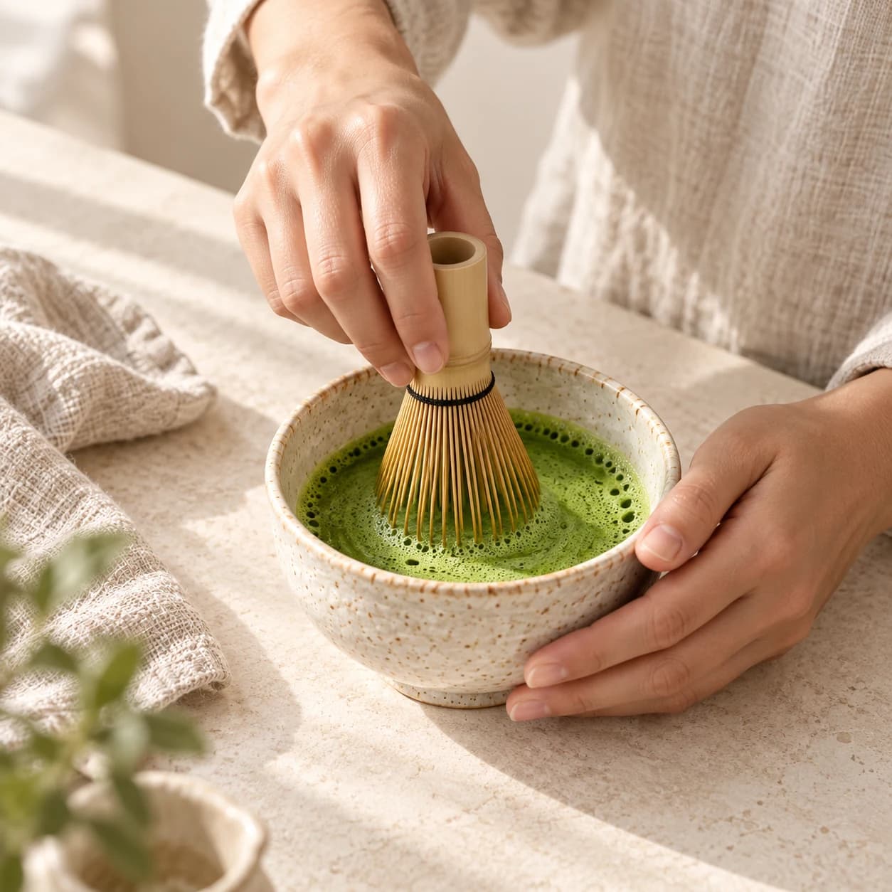 Matcha fouetté au chasen dans un bol en céramique
