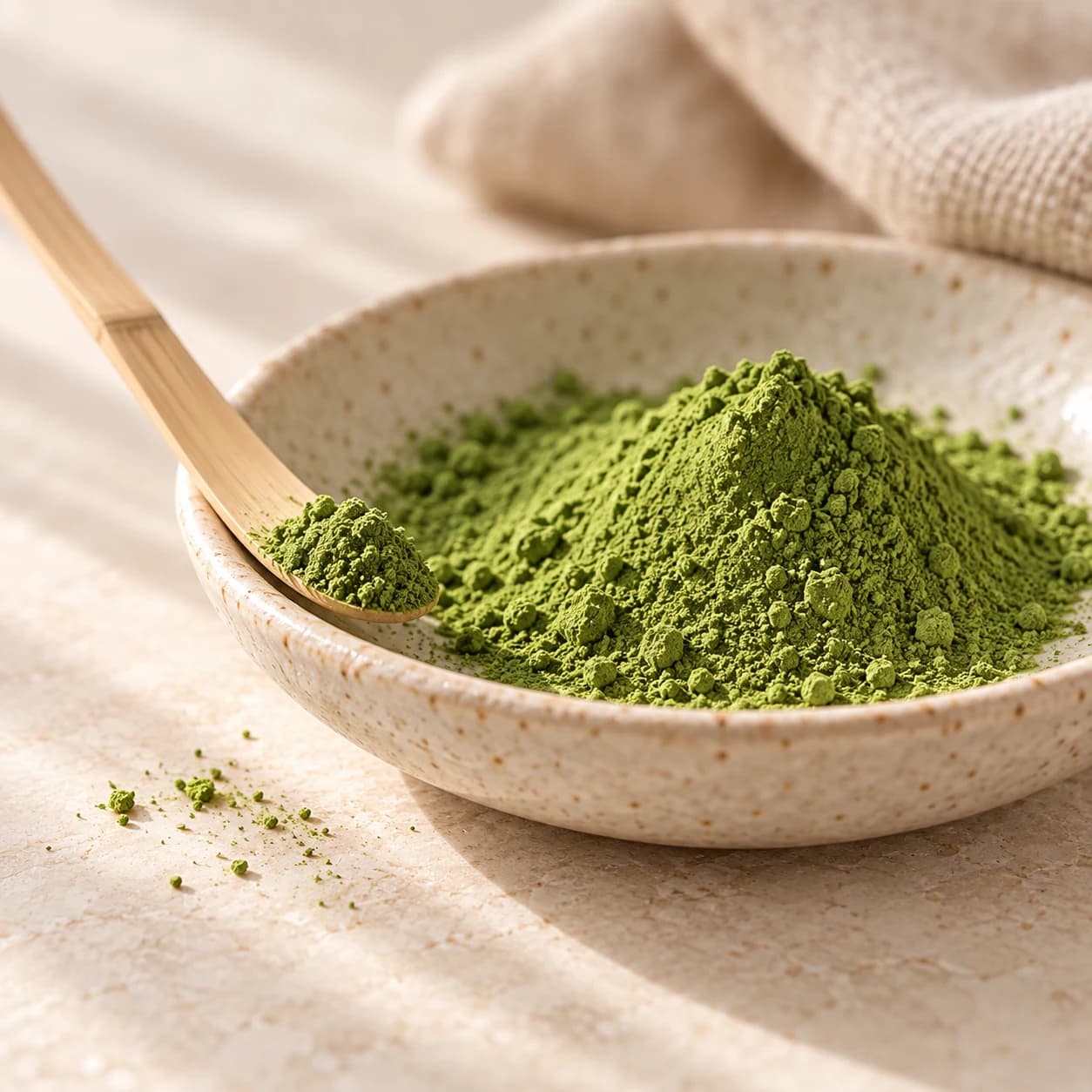 Matcha en poudre dans une coupelle en céramique, avec une cuillère en bambou